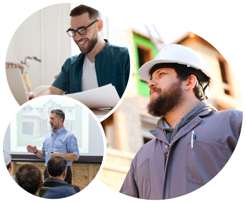 Circles with images of a teacher, a student, and a construction worker
